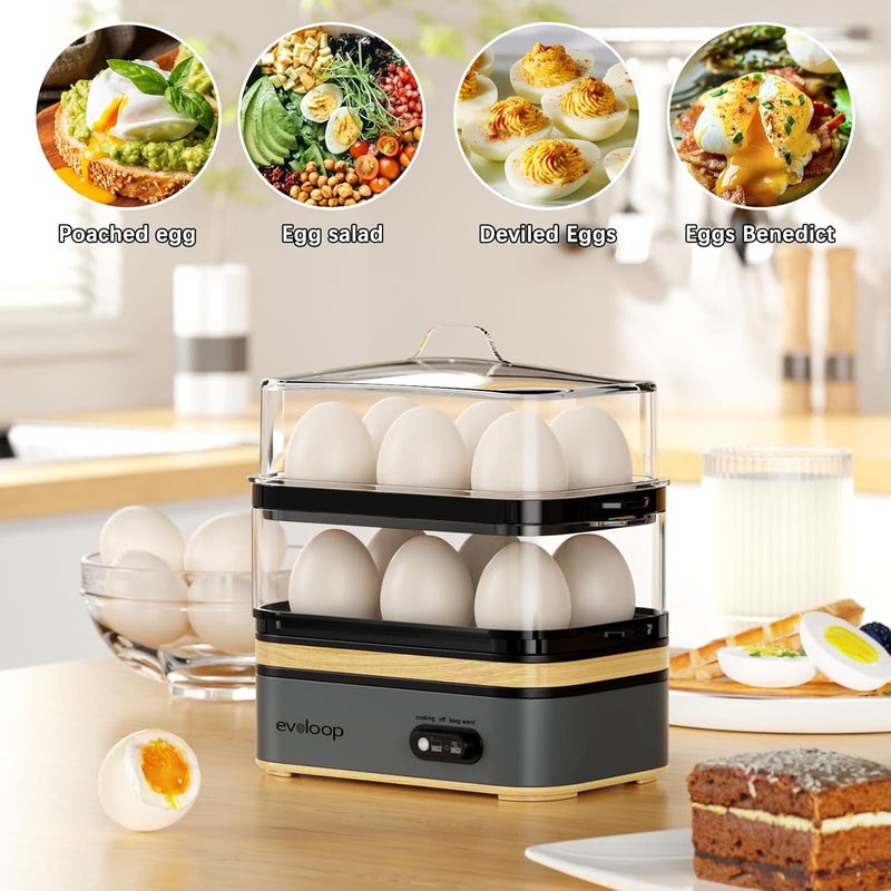 evoloop Rapid Egg Cooker Electric 12 Eggs Capacity, Soft, Medium, Hard Boiled, Poached, Omelet Maker Egg Poacher & Vegetable Steamer, BPA Free Tray(Grey) - Image 5